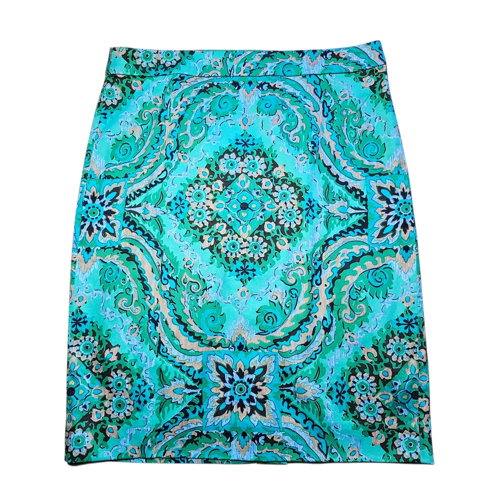 J. Crew Pencil Skirt Casbah Green Medallion Print Size 6